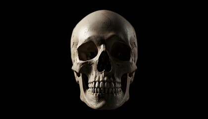 A close-up view of a human skull on a dark background