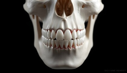 Obraz premium A close-up view of a human skull with visible teeth on a black background