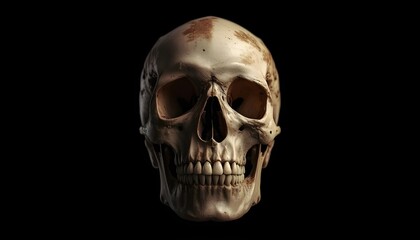 A human skull with a black background, symbolizing death and mortality