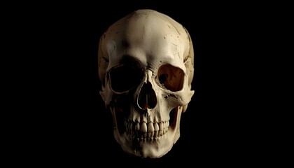 A human skull is shown against a dark background