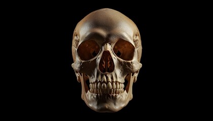 A human skull is shown against a black background in a close-up view.