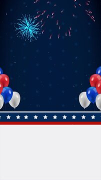 Vertical USA Celebration Background. Red White and Blue Balloons, Fireworks, and Stars for Independence Day, 4th of July Parties, and Festive Holiday Sales