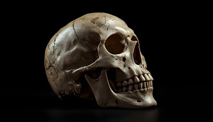 Fototapeta premium A human skull with cracks and damage sits on a black background, illuminated for dramatic effect.