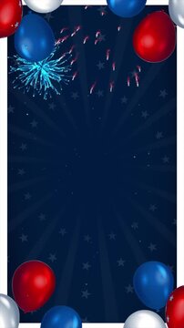 Vertical USA Celebration Background. Red White and Blue Balloons, Fireworks, and Stars for Independence Day, 4th of July Parties, and Festive Holiday Sales