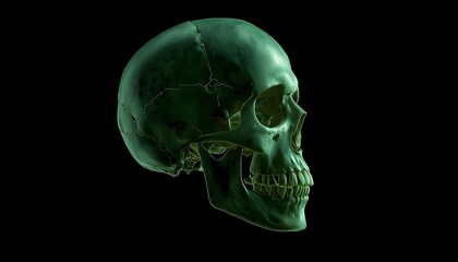 A green human skull against a black background
