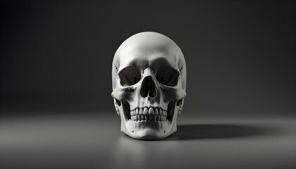 Fototapeta premium A human skull sits alone on a dark gray surface with a shadow cast behind it