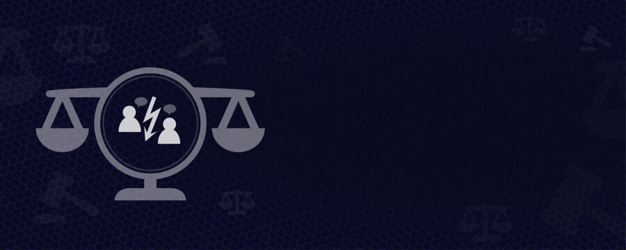 Communication and Defamation Law Concept with People and Speech Bubbles on Scales of Justice Vektor Background with Copy Space