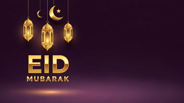 Eid mubarak celebration with lanterns and crescent moon