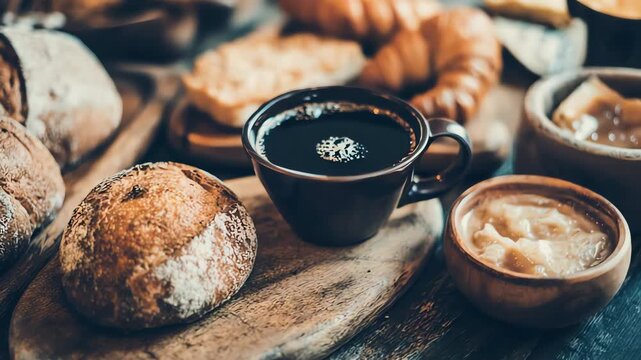 Freshly baked bread and pastries served with coffee on a rustic wooden table setting