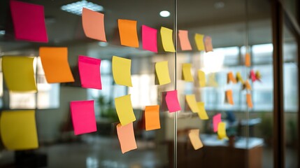 Awesome photo of colorful sticky notes on a glass partition in a modern office interior.