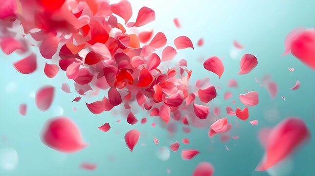 A swirl of vibrant pink and red flower petals caught in a gust of wind against a soft, gradient teal and light blue background with a shallow depth of field.