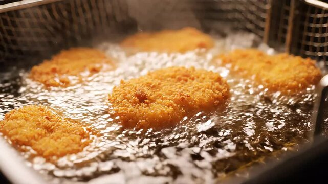 Professional Deep Frying of Golden Crispy Chicken Nuggets in Hot Bubbling Oil