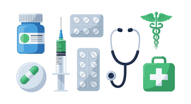 Essential Medical Tools & Healthcare Supplies Vector Icons Set: Pills, Syringe, Stethoscope, Caduceus, First Aid Kit