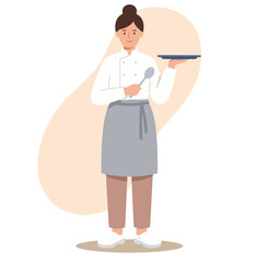 young lady chef, having the tray and spoon stock vector illustration