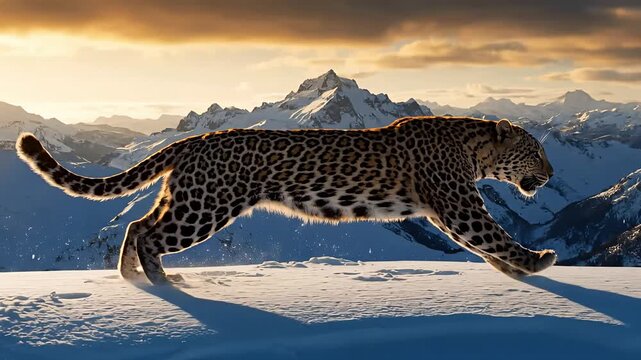 Majestic Leopard Running Through Snow at Sunset with Mountain View
