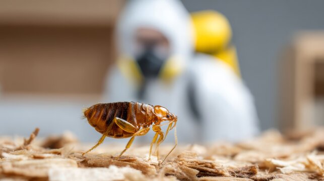 Close-Up of Flea on Pet Bedding with Hazmat Suit in Background