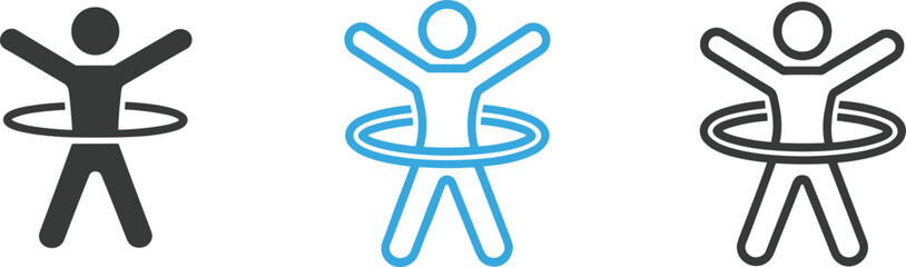 Hula hoop icon set in black silhouette, blue outline, and thin line styles, representing fitness, gym exercise, fun, and health. © AMINA