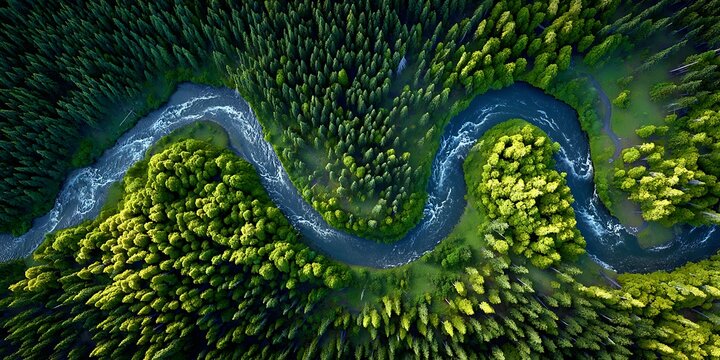 Aerial View Serpentine River Through Lush Forest