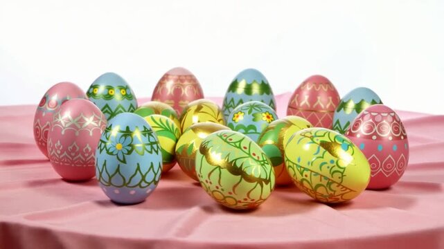 Colorful Easter eggs on pink tablecloth with white background and shiny patterns