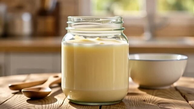 Creamy condiment in a glass jar on a kitchen counter with wooden spoons and a bowl