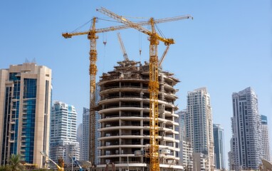 Fototapeta premium Skyscraper Construction Progress at Midday with Cranes and Urban Background