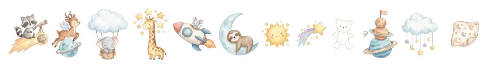 Watercolor space clipart pack with animals, spaceship, planet, clouds, stars. Collection of Vector illustrations. Perfect for invitation, card, poster, banner, decoration © maria