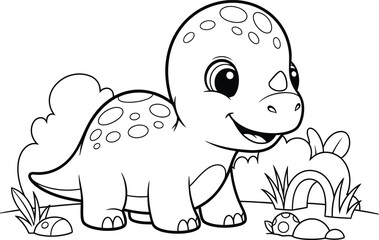 Obraz premium a charming black and white illustration features a cute baby dinosaur standing near plants and rocks perfect for coloring pages