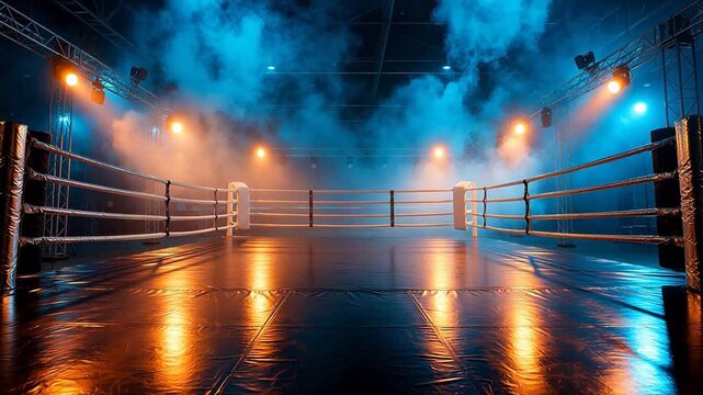 Empty boxing ring with dramatic lighting