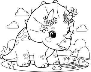 a charming illustration depicts a cute triceratops dinosaur adorned with flowers standing in a playful landscape with clouds high quality professional © Kibria