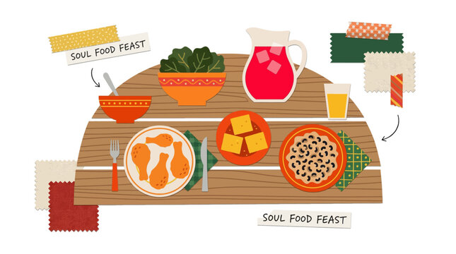 Traditional soul food feast dinner table flat lay, southern cuisine with fried chicken cornbread and greens scrapbooking vector
