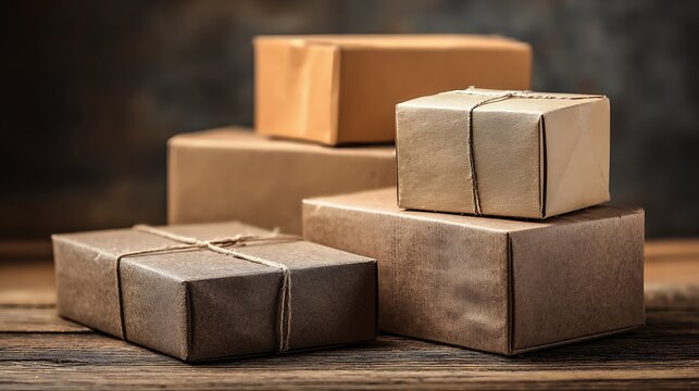 Awesome photo of stack of Brown Cardboard Boxes and Parcels on a Wooden Table.