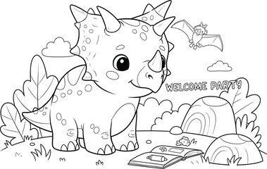 a charming black and white illustration depicts a friendly triceratops with a bat clouds and a welcome party scene high quality © Kibria