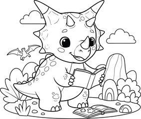 a charming illustration depicts a cute triceratops dinosaur engrossed in reading a book outdoors with clouds and landscape high quality professional © Kibria