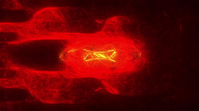 Red orange glitch noise background with dense fiber strands and heavy signal distortion forming tunnel depth and center pull vortex corridor perspective including pixel noise scanlines chromatic