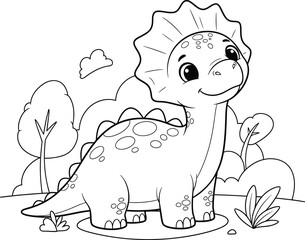 a charming black and white illustration depicts a cute triceratops dinosaur standing amongst trees and foliage offering a delightful scene © Kibria