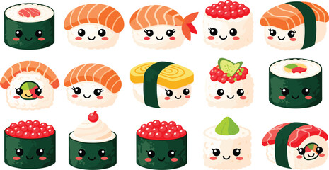 Cute kawaii sushi character vector set with salmon nigiri, maki rolls, and tamago, © VectoVerse