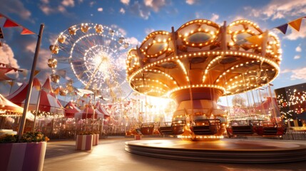 Lively Evening Scene at Amusement Park with Glowing Rides and Lights