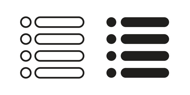 Bulleted list icons vector glyph and thin line. Black icons