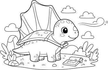 a charming black and white illustration depicts a cute triceratops dinosaur with plants and clouds around it high quality professional detailed © Kibria