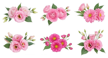 Floral bouquets with pink eustoma, roses, cheerful gerberas, green leaves isolated on transparent background