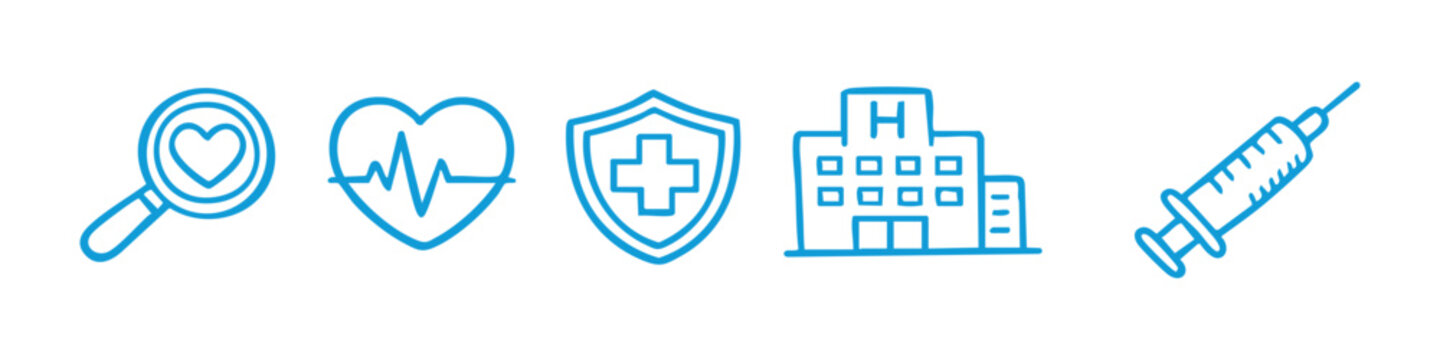 Set of blue hand-drawn medical icons including heart, hospital, syringe, and shield. Minimalist doodle style for healthcare and wellness concepts.