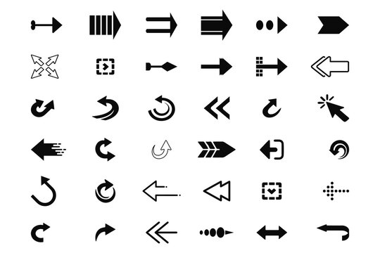 Collection different arrows sign. Black vector arrows icons. Modern simple arrows. Vector illustration. Arrow icon set for forward click buttons, web design arrow navigation and apps elements.