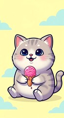 Cute cartoon cat eating ice cream.