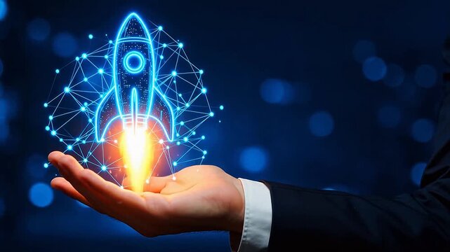Hand holding glowing rocket with network