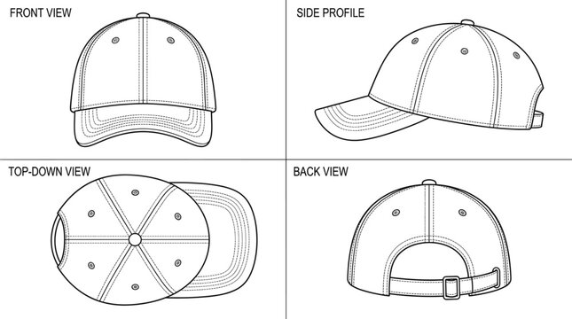 Baseball cap technical fashion sketch multiple views template set cad drawing flat vector illustration