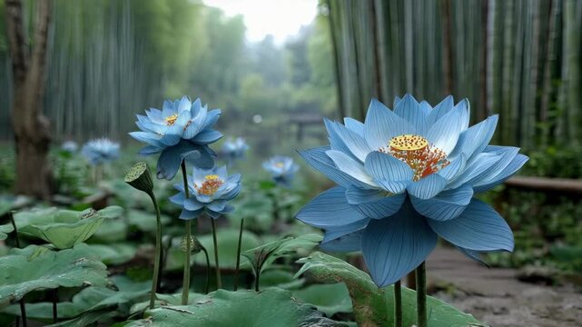 Vibrant Blue Lotus Flowers Surrounded by Lush Greenery in Nature