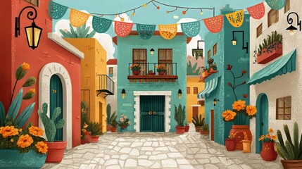 Obraz premium Vibrant Street Scene Illustration for Celebrating Cinco de Mayo Festivities