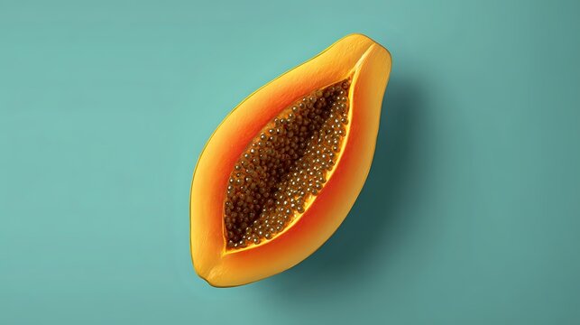 Single papaya cut lengthwise showing seed cavity rendered in realistic 3d placed on a muted turquoise background with even illumination