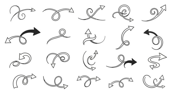 Thin curved arrows collection. Sketch arrows. Vector hand drawn arrows with curls, pointing different directions.. isolated on white, png

