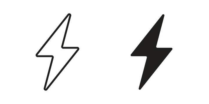 Lightning bolt icons vector glyph and thin line. Black icons
